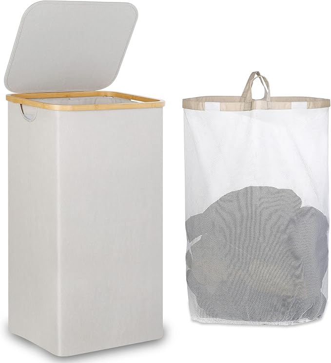 Laundry Basket with Lid, 110L Laundry Hamper with Bamboo Handle,Clothes Basket Organizer with Removable Inner Bag for Clothes Toys Towels,Light Grey