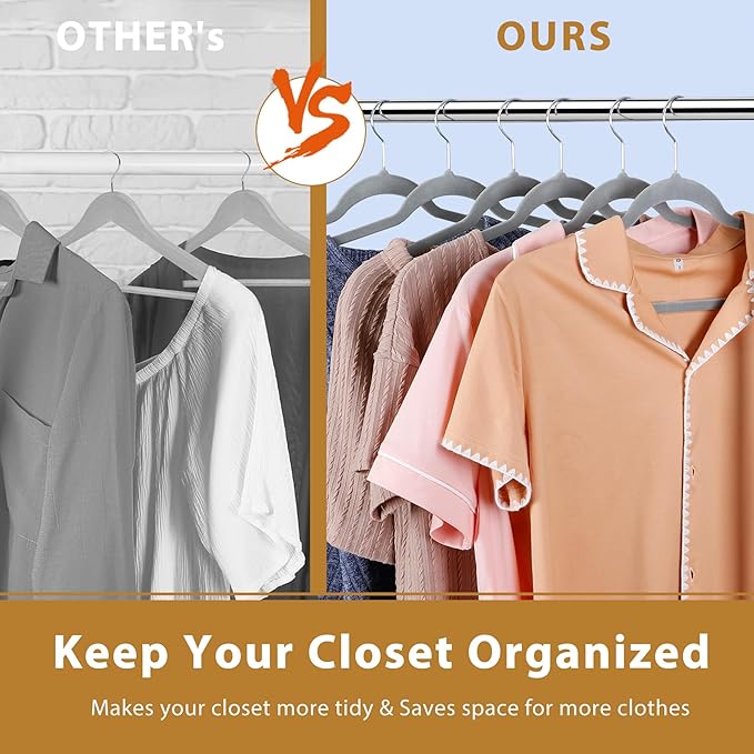 ZENY Velvet Hangers 100 Pack, Non-Slip Clothes Hangers, Suit Hangers with Shoulder Notches, Pants Bar, 360° Swivel Hook, Space-Saving, for Closet (Grey)