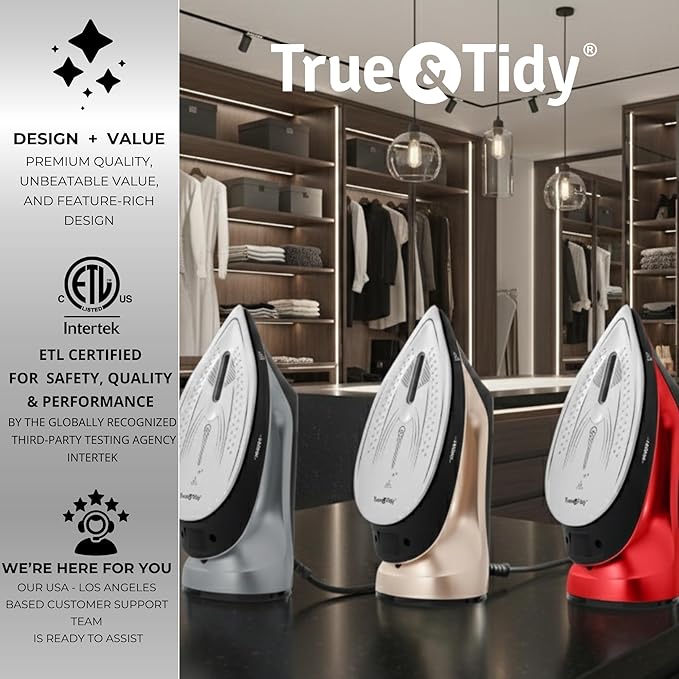 True & Tidy 2-in-1 Iron and Handheld Steamer, 1600W Dual Heating System with Ceramic-Coated Plate, LCD Display, No-Drip Technology, 3 Fabric Modes, Portable Garment Steamer for Home & Travel