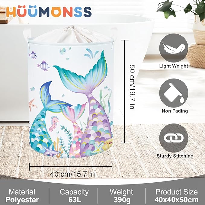 Fantasy Princess Laundry Hamper Colorful Large Storage Basket Collapsible Parents Organizer Kids Toy Clothes Bins for Bedroom, Bathroom, Mermaid, 63L