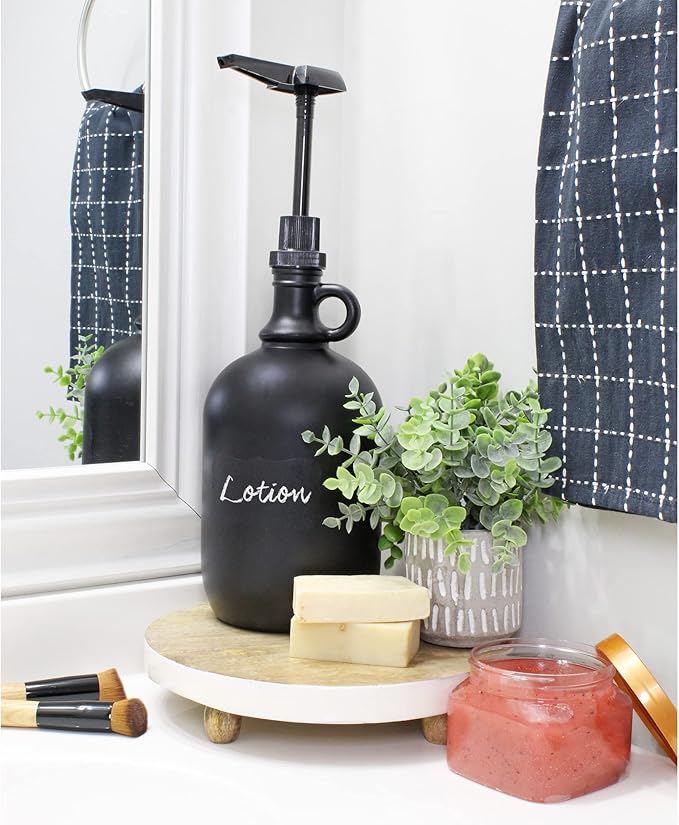 Darware Half Gallon Glass Pump Dispenser Bottle (Black), 64-Ounce Jug with Pump for Sauces, Syrups, Soaps and More