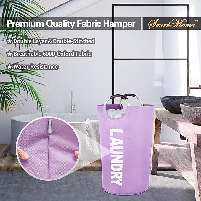 Large Laundry Basket Collapsible，Freestanding Clothes Hamper Bag with Handles – Tall Folding Dirty Laundry Bin，Sturdy Laundry Sorter for College Dorm，Laundry Room – 130L (Purple)