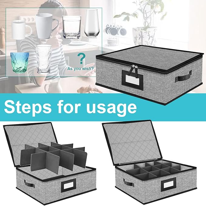 2PACK Quilted Mug Cup Storage Box-China Storage Containers Hard Shell,Cup Storage Containers with Lid for Moving Transport,Kichen Dinnerware Storage