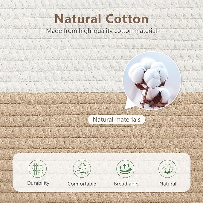 Cotton Rope Storage Baskets, 15x10x9 in, Rectangular, White/Beige-1Pack, Modern, Easy To Use, Foldable, Laundry, Storage, Decoration