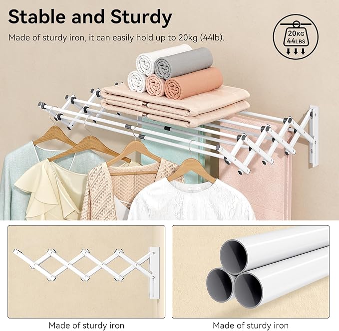 APEXCHASER Wall Mounted Clothes Drying Rack Laundry Drying Rack Retractable, Towel Racks Wall Mounted for Bathroom Balcony Laundry Room Indoor, Foldable Accordion Dryer Rack for Clothing, White