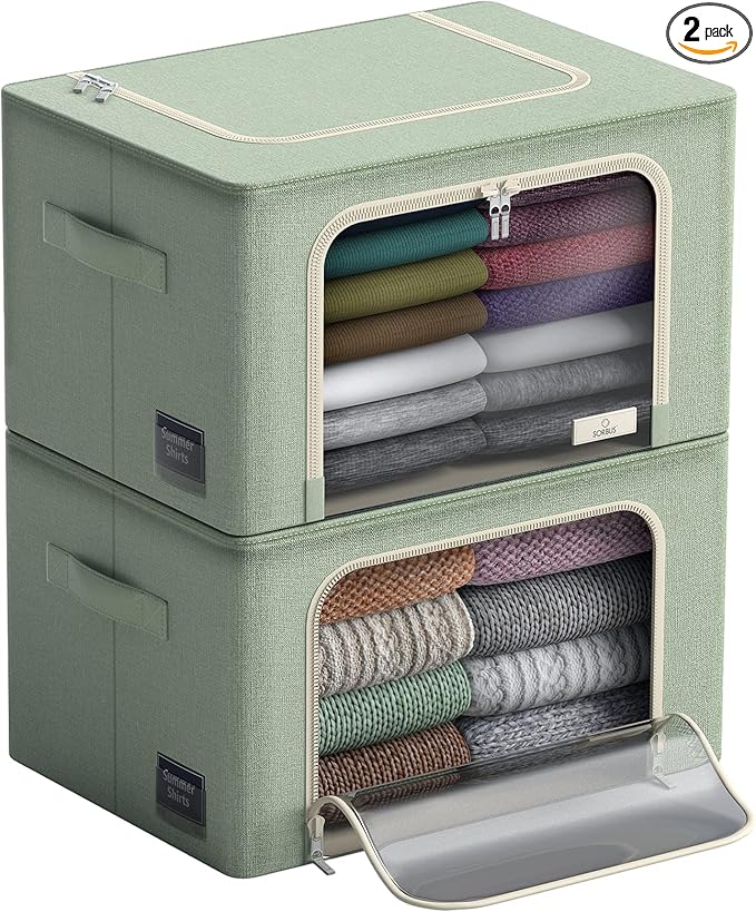 Sorbus Storage Bins with Metal Frame - Stackable & Foldable Clothes Organizer Bags - Oxford Fabric Storage Containers with Large Clear Window & Carry Handles Organization for Bedding Linen & Clothing
