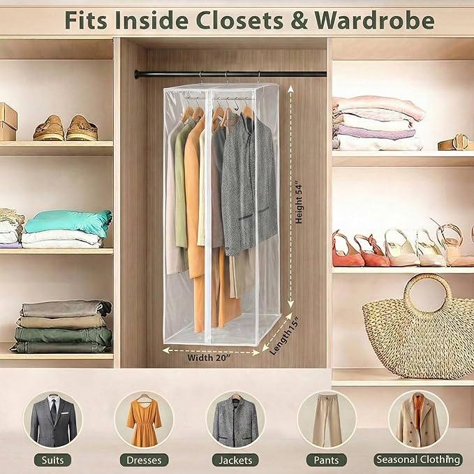 Garment Bag - Clear Hanging Closet Organizer - Durable Zippered Cover with Rod Protects Dresses, Suits, and Jackets from Dust and Moist- Top Metal Frame to Keep All Your Stuff in Shape- 54" x 20" x 15