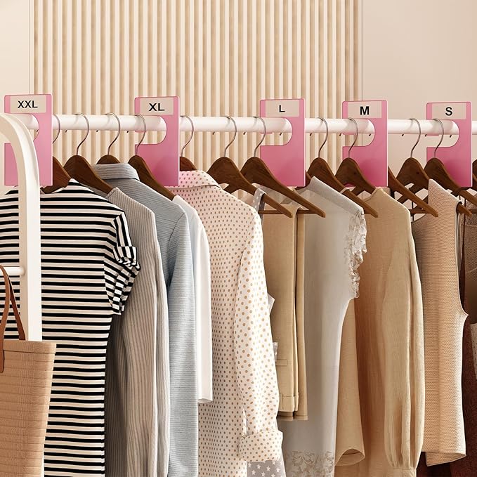 20 Pack White Clothing Rack Size Dividers Plus 45 Labels (1 Inch) and 18 Large Blank Labels, Large Rectangular Clothing Closet Dividers (Pink)