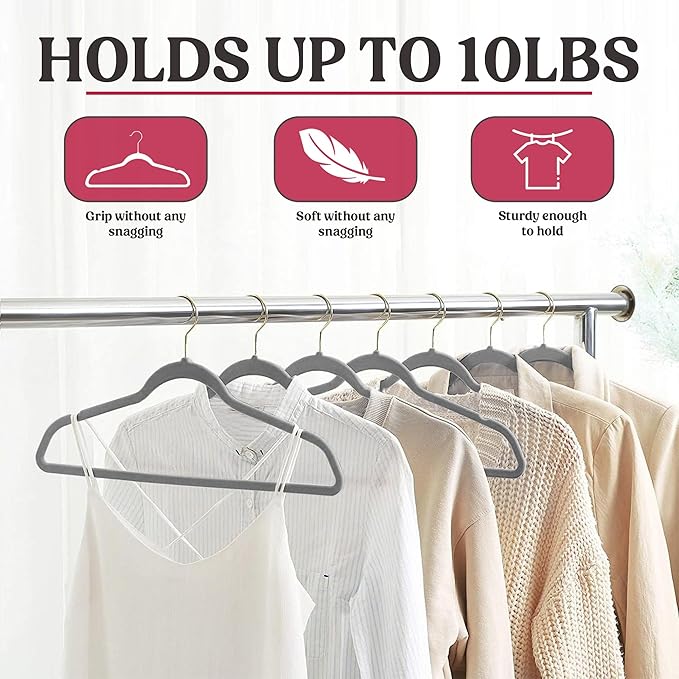 LDC Grey Velvet Hangers 50 Pack - Premium Non-Slip Clothes Coat Pants Felt Hanger for Closet - Heavy Duty Space Saving 360° Swivel Hook Hangars - Grey