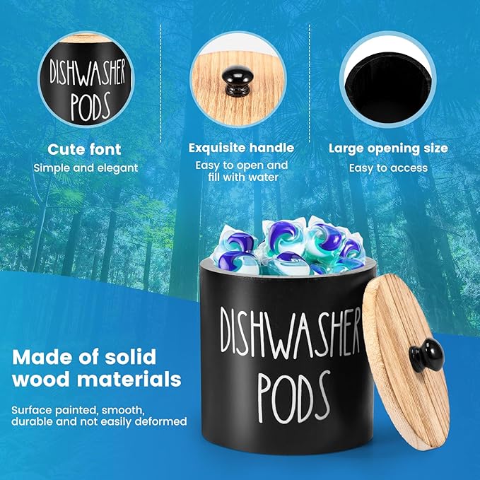 Round Dishwasher Pods Container, Wood Dishwasher Pod Holder with Lid for Kitchen Decor, Laundry Pod Container for Laundry Detergent Storage (Black)