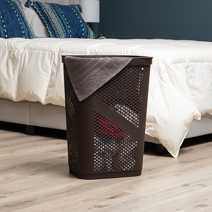 Mind Reader 60L Slim Laundry Hamper, Clothes Basket, Lid, Ventilated, Plastic, 17.25"L x 13.75"W x 23.5"H, Set of 2, Brown