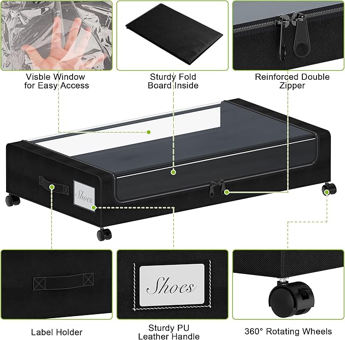 Under Bed Storage with Wheels, XXL 60L Under the Bed Storage Bins, Underbed Storage Containers with Lids & Label, Rolling Metal Drawer for Shoes, Clothes, Books, Toys (2-Pack Black)