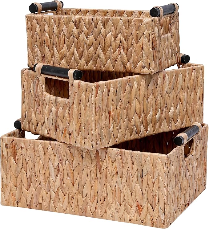 Storage Baskets 3 Pack Storage Baskets for Organizing Toys,Handwoven Storage Bins for Nursery,Natural Water Hyacinth Baskets for Organizing with Wooden Handles