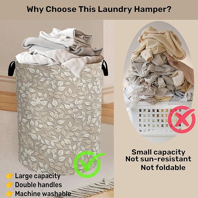 Beige Leaves Modern Laundry Basket - Heavy Duty 60L Dirty Clothes Organizer, Water Resistant Foldable Hamper for Men Women