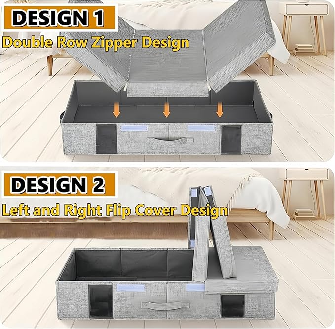 Under the Bed Storage Containers Bin with Lids, 2 pack Large Underbed Storage Organizer Box 6 Inch High with Clear Window and Zipper, Foldable Under Bed Must Haves for Clothes, Blankets, Shoes-Grey…