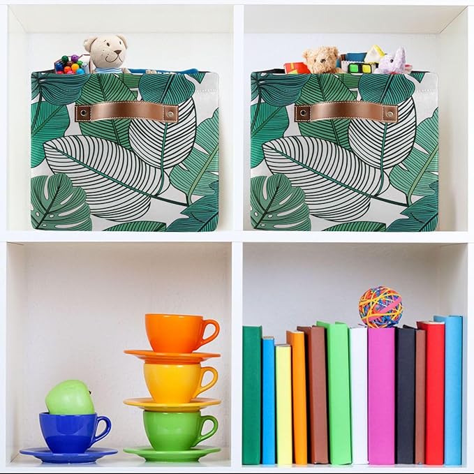 Tropical Leaves Bin - Large Storage Basket for Home Office (15x11x9.5inch)