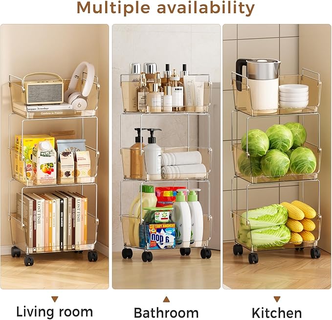 Delamu 3-Tier Metal Rolling Cart for Kitchen, Bathroom, Office, Plastic Utility Storage Carts with Wheels, Ideal for Small Spaces, Pantry, Classroom, Workshop Organization and Storage, Amber