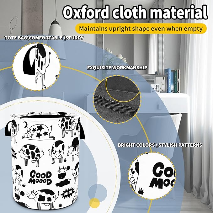 Cute Cow Laundry Basket Black White Cows Foldable Oxford Cloth Funny Tote Bag Laundry Hamper Clothes Storage Bucket Toy Organizer For Bathroom/Laundry Storage/Bedroom 18.9x16.5 Inch