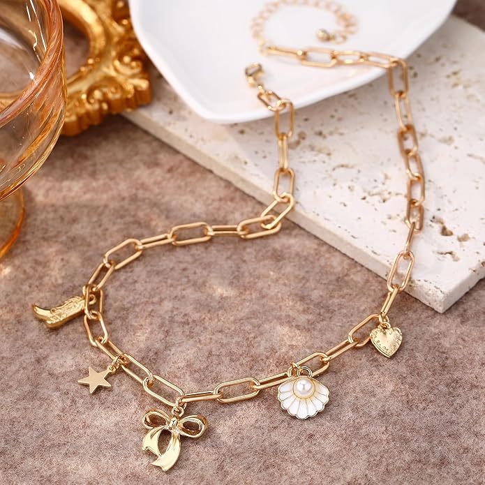 Chunky Gold Necklace for Women Gold Evil Eye Cowboy Pendant Necklace Dainty Paperclip Chain Vintage Luck Amulet Choker Necklaces Celestial Jewelry Gift