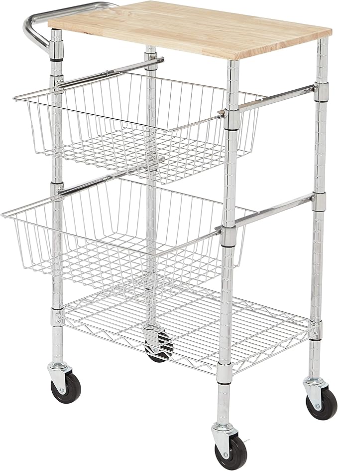 Amazon Basics 3-Tier Metal Basket Rolling Utility Cart with Wood Top, Kitchen Storage Organizer, Portable, Silver