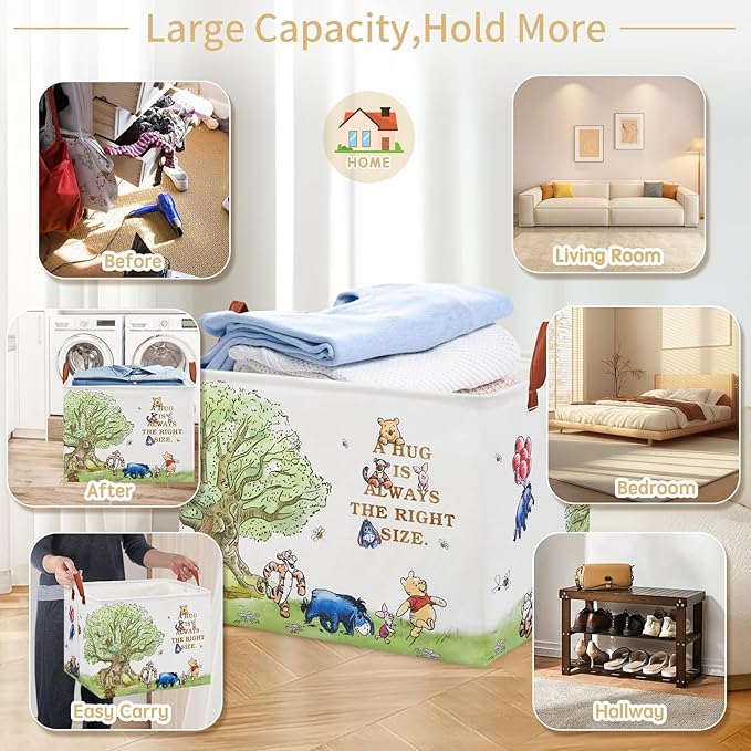 Bear Nursery Decor Storage Basket Foldable With Waterproof PE Coating, Square Large Canvas Laundry Hamper,Diaper Bag Baskets for Kids,Boys and Girls, Bathroom, Bedroom, Clothes,Toy Bin（White）