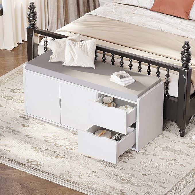 LVB Storage Entryway Bench, Long Shoe Bench with Drawers Storage Shelf, Modern Entry Way Bench with Padded Cushioned Seating, Wood Shoe Rack Benchs for Foyer Entrance Living Bedroom, White Oak, 40in