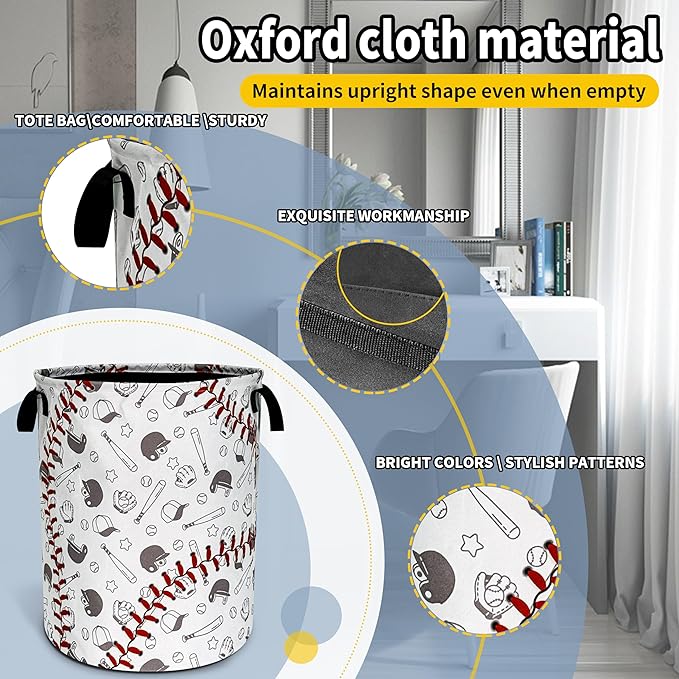 Baseball Laundry Basket Texture Pattern Foldable Oxford Cloth Funny Tote Bag Laundry Hamper Clothes Storage Bucket Organizer For Bathroom/Laundry Storage/Bedroom 18.9x16.5 Inch