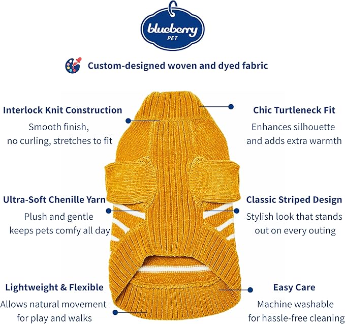 Blueberry Pet Cozy Soft Chenille Classy Striped Dog Sweater in Mustard, Back Length 16", Pack of 1 Clothes for Dogs