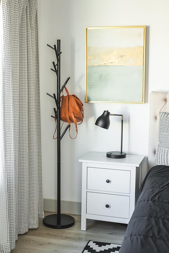 HAOG Freestanding 18-Hook Coat Rack – Black Metal, Powder-Coated Tubular Steel, 12" x 68" | Home and Office Storage Stand, Durable & Stylish for Any Room