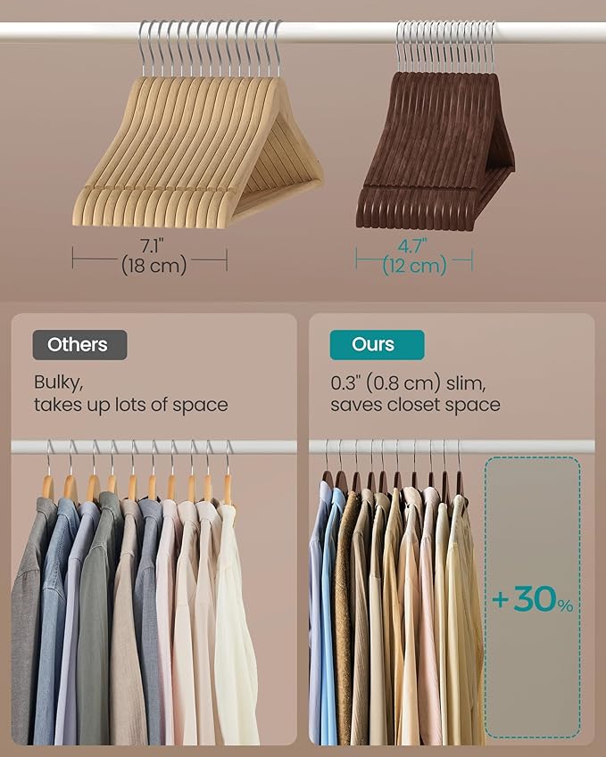 SONGMICS Wooden Hangers, Pack of 30, Coat Hangers, Pants Bar, 360° Swivel Hooks, Solid Birch Wood, Space Saving, for Jackets, Shirts, Coats, Walnut Brown UCRW030K02