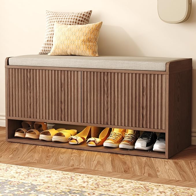HOMEFORT 39.4" Fluted Shoe Storage Bench, Entryway Bench with Linen Seat Cushion, Shoe Cabinet Bench with Adjustable Shelf and Built-in LED Sensor Light, Bench for Bedroom End of Bed,Walnut