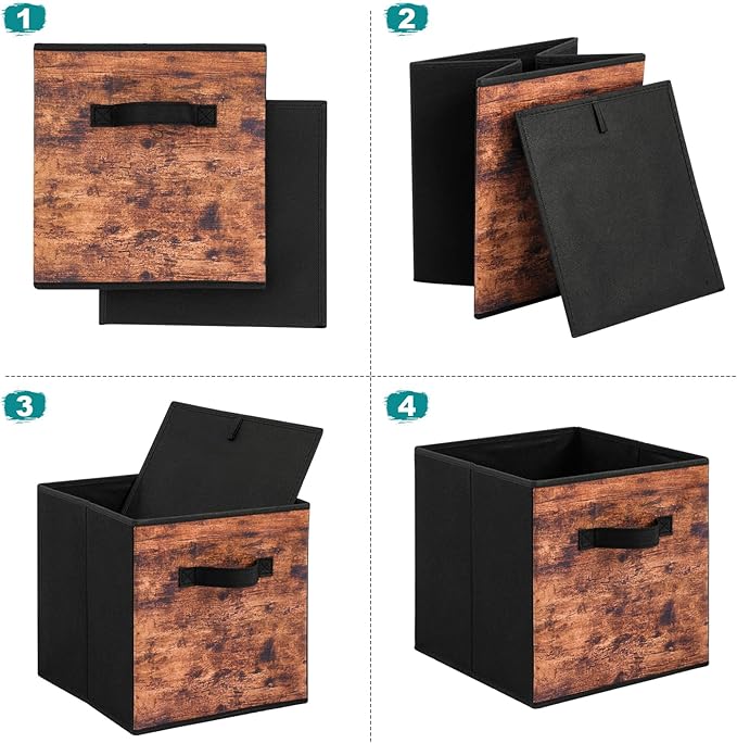 Stero Fabric Storage Cubes, 6 Pack Foldable Storage Bins with Handle, 11 Inch Box for Shelves, Closet, Organizer, Rustic Brown and Black