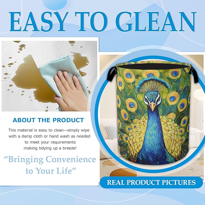 Peacock Laundry Basket Collapsible Laundry Hamper Clothes Toy Storage Bin for Bathroom Bedroom Room Decor 16" X 20.8"