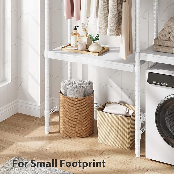 GAOMON Over The Washer and Dryer Storage Shelf, 5-Tier Adjustable Laundry Organizer with Double Layer Wood Shelves for Laundry Room Organization, White, 28 Inch
