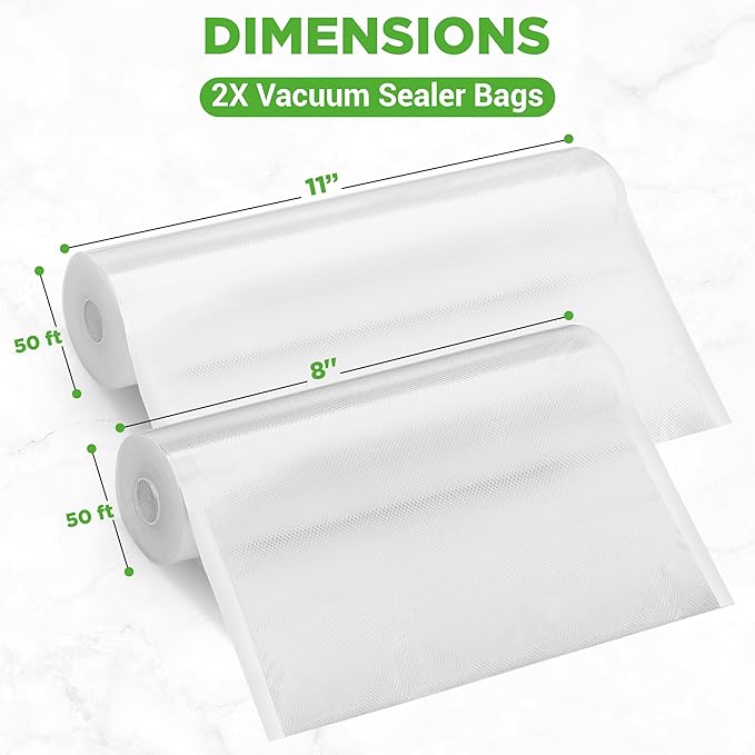NutriChef Vacuum Sealer Bags for Food 8” x 50’ & 11" x 50' (2 Rolls, 100’ Total) – Works with All Sealers, BPA-Free, Heavy-Duty, Multi-Layered – Freezer, Microwave & Sous Vide Safe