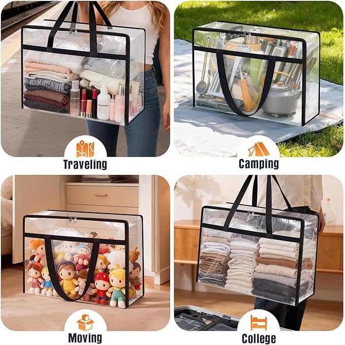 Clear Under Bed Storage Containers - 4 Pack Large Capacity Clothes Storage Bags with Lid & Sturdy Handles, Foldable Moving Bags, Clothing Organizer Totes for Bedding, Comforter, Sheet(60 L)