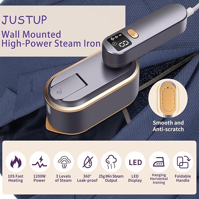 Steamer for Clothes, Wall Mounted Wet Dry Dual-purpose Portable Ironing Machine, 3 Level Adjustable Digital Display Screen 1200W High-power Steam Iron, Suitable for Home, Travel & Dormitory (Grey)