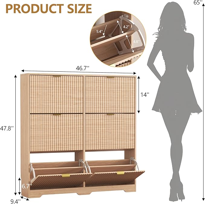 Shoe Cabinet Storage for Entryway with 6 Flip Drawers, Oak Fluted Shoe Cabinet with Adjustable Shelves, Wooden Hidden Shoe Rack Freestanding Narrow Slim Shoes Storage for Hallway, Entrance