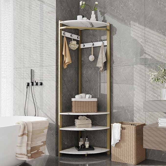 Hallway Coat Rack with 6 Double-Row Hooks and 4 Storage Shelves – Multifunctional Clothes Rack and Shoe Organizer Perfect for Entryway, Hallway and Closet, White & Gold