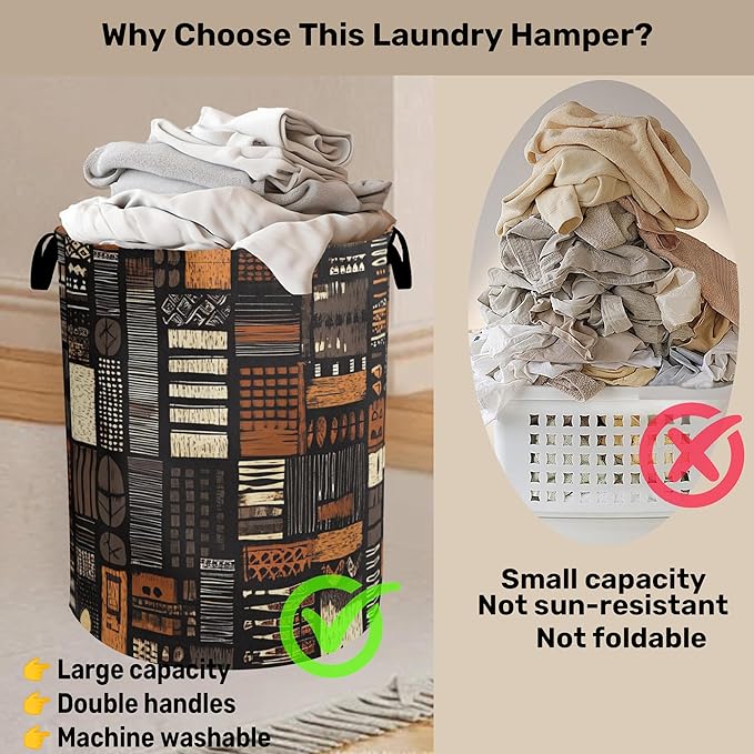 African Style Brown Orange Laundry Basket - Heavy Duty 60L Dirty Clothes Organizer, Water Resistant Foldable Hamper for Men Women