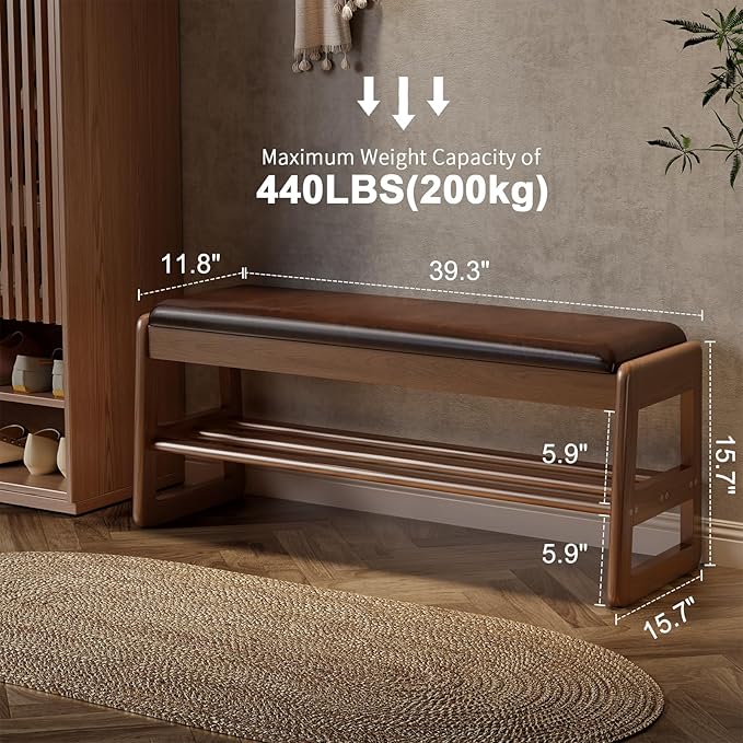 AQIMUELE Shoe Rack Bench,2 Tiers Shoe Bench with Storage with Flip-Top,Wood Shoe Rack for Entryway,Hallway（Dark Walnut Upholstered Seat）