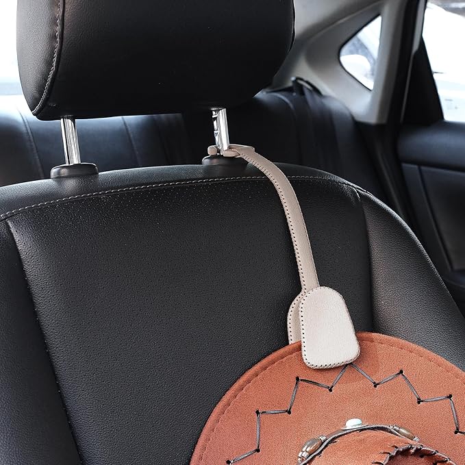 Hat Clip - Hat Holder for Car, Strong Grip Space-saving Hat Clips for Headrest, Leather Hat Organizer Accessories for Women/Family, Beige-1 Pack