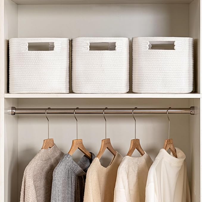 UBBCARE 4 Pack Storage Baskets for Organizing, Shelf Baskets with Handles, Woven Storage Baskets for Bookcase/Cube Shelf/Closet, 14.5"L x 9.8"W x 9"H, White