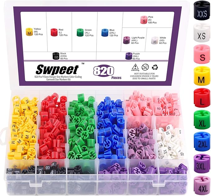 Swpeet 820Pcs 9 Common Sizes Plastic Hanger Size Markers Assortment Kit and 150Pcs Red【 Sizes L 】 Plastic Clothes Hanger Size Markers Color