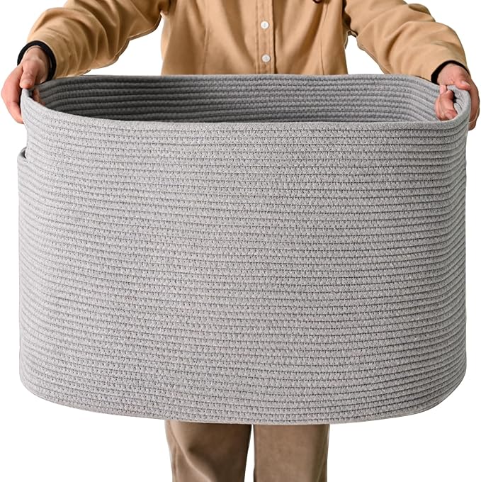 Large Grey Storage Basket, Blanket Baskets for Living Room, Large Toy Basket for Storage, Woven Cotton Rope Baskets for Blankets, Clothes, Shoes, Books, Grey, 25”x16”x16” (105L)