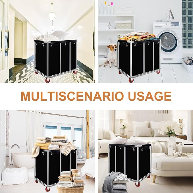 Commercial Laundry Carts with Wheels 11.35 Bushel Industrial Laundry Cart Basket Trucks Heavy Duty Large Laundry Carts Hampers Reinforced Steel Frame,440 lbs Load, Black