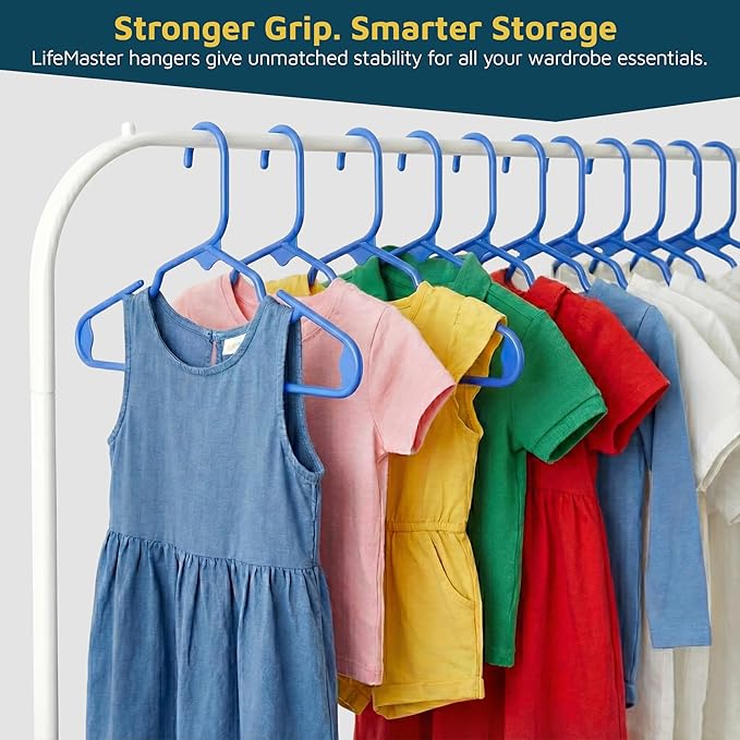 Lifemaster Plastic Kids Clothes Hangers – Children Clothes Hanger with Shoulder Notch, 11.6 Inch Space-Saving Closet Organizer for Baby, Toddler, and Kids Clothing, Hold Up to 5 lbs, Pack of 50, Blue