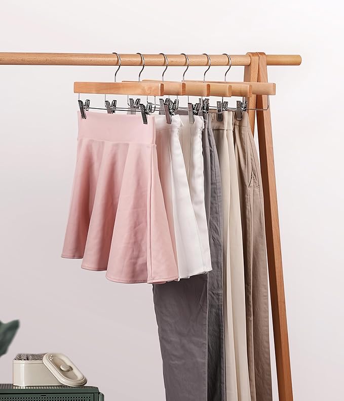 24 Pack Wooden Pants Hangers, Wood Skirt Trouser Hanger for Jeans, Slacks, Shorts with 2-Adjustable Clips Anti Rust Hook (Natural)-HL01NP24