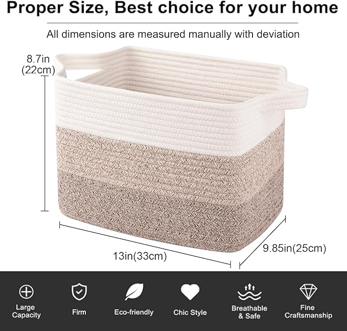 OIAHOMY Woven Storage Basket for Shelves, Rectangle Cotton Rope Baskets for Organizing, 13 x 10 x 9 in, Storage Bins for Dog Toys,Towel,Books,Gift, Gradient Brown