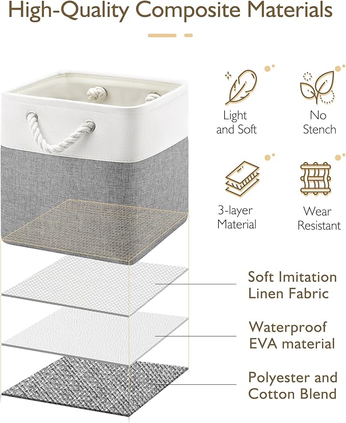 11 Inch Cube Storage Bins, 6 Pack Fabric Storage Cubes with Rope Handles, Organizer Baskets for Closet Shelves, Clothes and Home Organization(White/Gray)